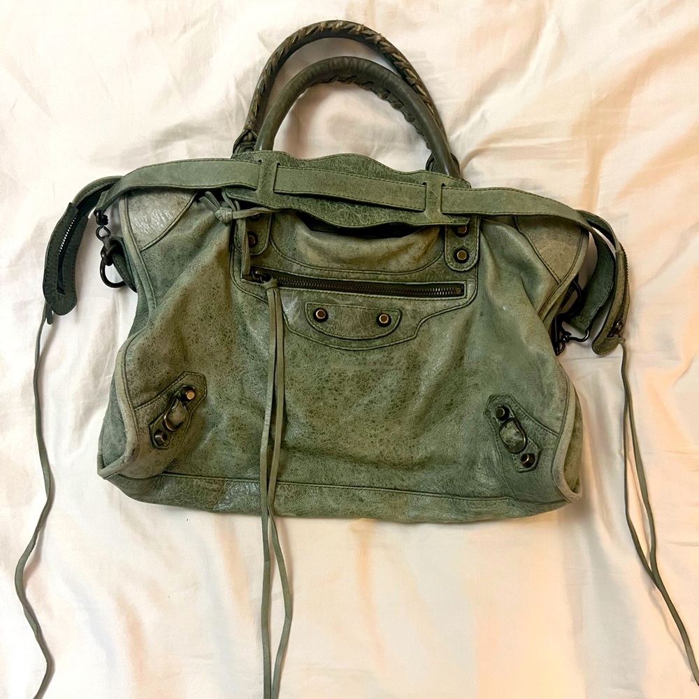 Balenciaga city moto in sage.